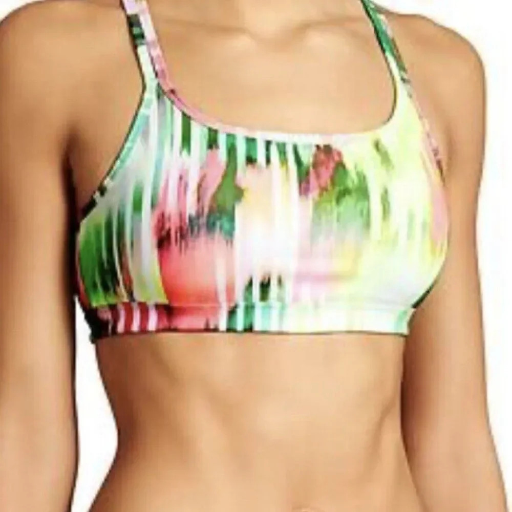 ATHLETA Wailea Sports Bra Full Focus Green Print Strappy Swim Top Size XS